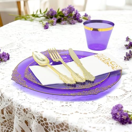 AIRE Purple Gold Plastic Plates Set, 175PCS Disposable Dinnerware for 25 - Image 6