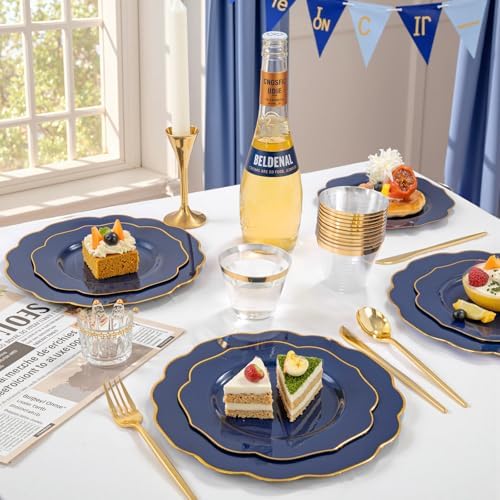 bUCLA 180PCS Blue Plastic Plates - Navy Blue and Gold Rim Disposable Include 30 Each (Dinner & Dessert) Plates, 30 Knives, 30 Forks, 30 Spoons and 30 Cups, Ideal for Party & Labor Day - Image 6