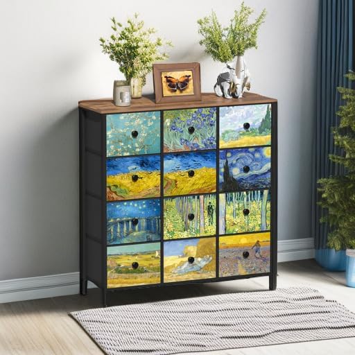 EXOTICA Dresser for Bedroom with 12 Drawers Tall Dresser & Chest of Drawers Fabric Dressers Storage Tower for Living Room Closet Hallway with Wooden Top and Metal Frame