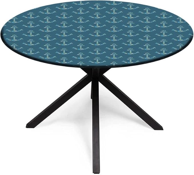 Elastic Tablecloth, Nautical Decorative Fabric Table Cover for, Anchors Maritime Theme Decor, Fit Round Tables 35inch Diameter, for Indoor Outdoor Fits, Petrol Blue Beige