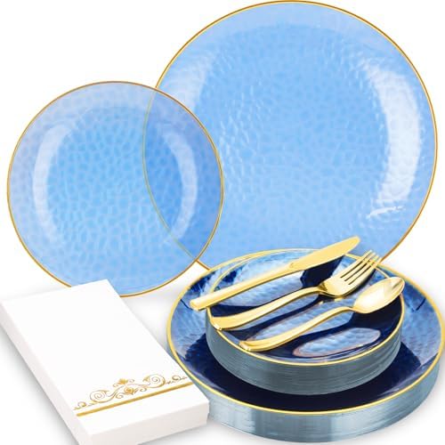 150 Pcs Blue Plastic Dinnerware Set, Disposable Plates for 25 Guests by BONSINY