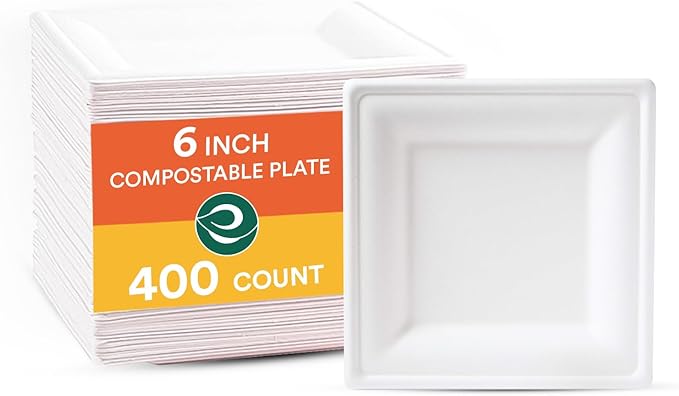 ECO SOUL Compostable Square Paper Plates 6 Inch (400 Count) Small Plates for Dessert, Heavy Duty, Eco-Friendly Sugarcane Bagasse For Appetizer- White