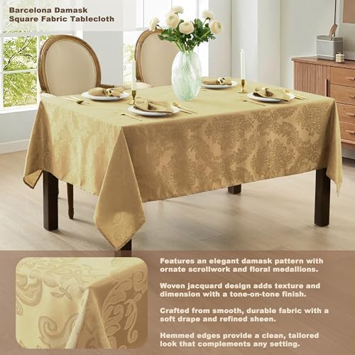 Newbridge Barcelona Damask Fabric Tablecloth, 52 x 52 Inch Square, Gold – No Iron, Soil Resistant Table Cover for Dining, Parties and Holidays - Image 3