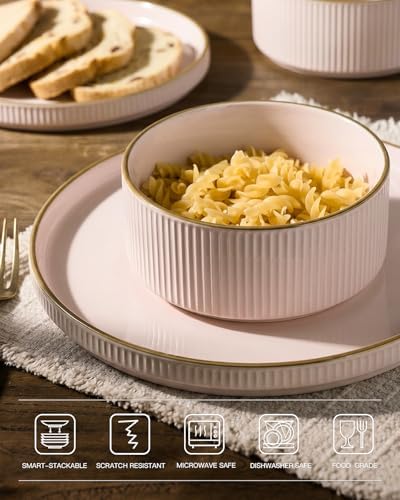 Famiware Stoneware Dinnerware Sets for 8, Rimmed Plates, Bowls, Pink Dishes - Image 4