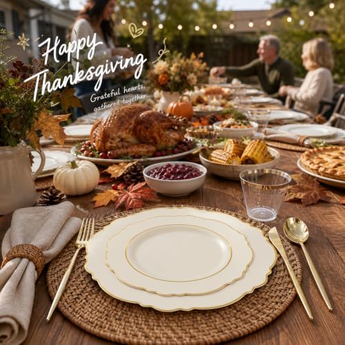 Liacere 150Pcs Ivory Plastic Plates-Ivory and Gold Disposable Plates Set- Ivory and Gold Rim Disposable Plastic Dinnerware include 50Plates,25Pack Silverware and 25Cups for Thanksgiving/Fall Party - Image 6