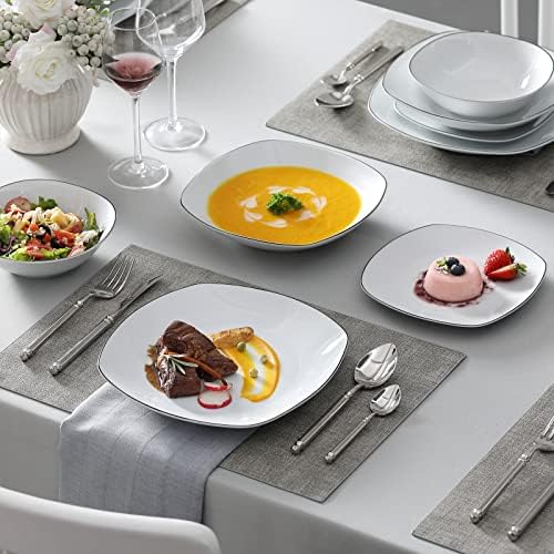 MALACASA Dinnerware Sets, 24 Piece Porcelain Square Dishes, White with Black Rim Plates and Bowls Sets, Ceramic Dish Set for 6, Chip Resistant Dishware Sets, Series ELISA - Image 7