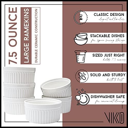 Vikko White Ramekin, Set of 6 Fine Porcelain Ramekins, Stackable 4 Inch Bowls, 7 Ounce Dips Dish, Dishwasher Safe