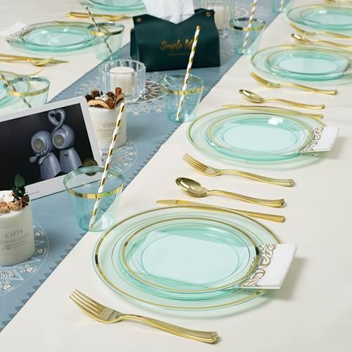400PCS Mint Green Plastic Plates for 50 Guests, Disposable Plates Heavy Duty,100 Fancy Plates, 150 Gold Silverware, 50 Cups, 50 Napkins, 50 Straws Wedding, St. Patrick's Day, Easter - Image 4