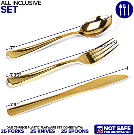 75 Pieces Heavy Duty (Gold) Plastic Silverware Set, Disposable Cutlery Set, Great for Parties, Weddings, and Catering, Flatware Utensils Included: 25 Forks, 25 Spoons, 25 Knives, Stock Your Home - Image 2