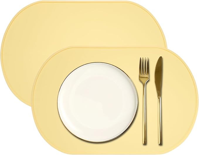 uxcell 2 Pcs Oval Silicone Placemat, 15.4" x 10.4" Non-Slip Washable Table Placemats Heat Resistant Waterproof Mat with High Edge for Table Kitchen Desk Protection, Yellow