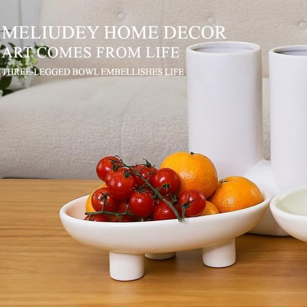 Fruit Bowl Three-Legs Ceramic Fruit Bowl for Kitchen Counter, 12 Inch Fruit Basket Decorative Candy Bowl for Table Décor, Oval Large Bowls Key Bowl Home Table Décor (Crème 12 Inch)