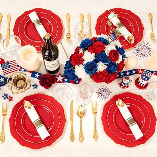 Liacere 175PCS Red Plastic Plates - Red Disposable Plates With Gold Rim -25Guest Baroque Plastic Dinnerware include 50Plates-25Pack Pre Rolled Napkins with Silverware 25Cups for Independence Day - Image 4