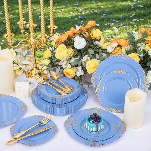 125PCS Blue and Gold Plastic Plates for Wedding Party Baby Shower - Image 6