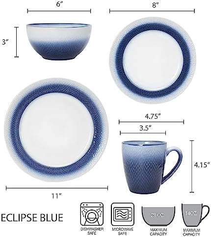 Pfaltzgraff Eclipse Blue 16-Piece Stoneware Dinnerware Set, Service for 4 with Dinner Plates, Salad Plates, Bowls and Mugs, Dishwasher and Microwave Safe - Image 4