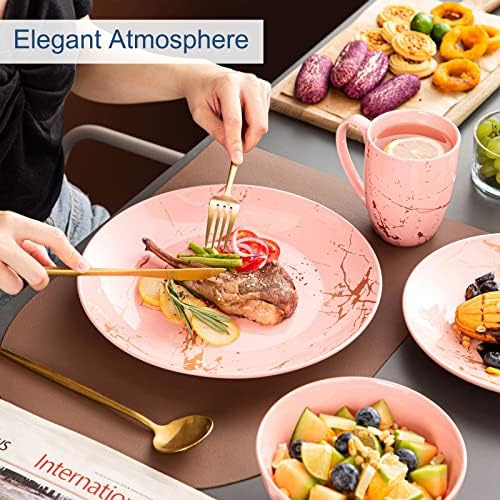 LOVECASA Pink Dinnerware Set for 4, 16 Piece Porcelain Dish With Plates, Bowls and Mugs, Gold Splash Glaze Round Modern Ceramic Dinner Set, Dishwasher Microwave Safe - Image 5