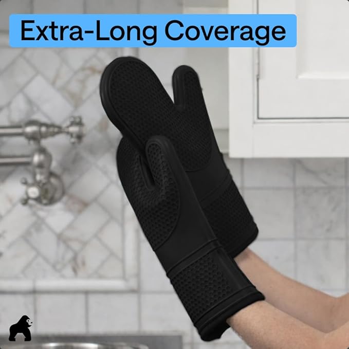 GORILLA GRIP BPA-Free Soft Silicone Oven Mitts, 14.5x8.3, Heat Resistant and Waterproof Cooking Gloves, Thick Cotton Lining, Flexible Gripping for Baking Grilling, Kitchen Potholders Set of 2, Black