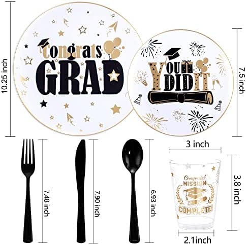 Liacere 150PCS Graduation Plastic Plates - Disposable Black and Gold, Graduation Party include 50Plates 25Knives 25Forks 25Spoons 25Cups - Image 2