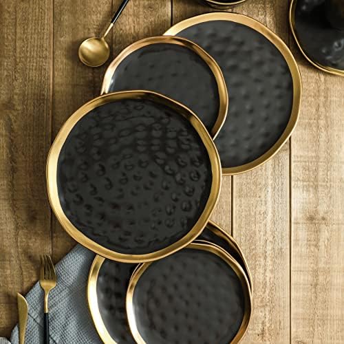Stone Lain Florian Modern Porcelain 16 Piece Dinnerware Set, Plates and Bowls Set, Dish set for 4, Black And Golden Rim - Image 3
