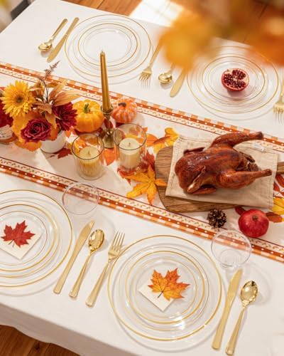 bUCLA 150Pcs Clear Gold Plastic Dinnerware Set - Clear and Gold Disposable Plates Include 25 Dinner / 25 Dessert Plates,25 Knives,25 Forks,25 Spoons,25 Cups for Party - Image 6