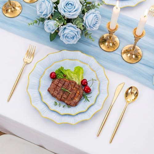 Rubtlamp 60Pcs Blue Plastic Plates - Blue Scalloped Plates with Gold Trim - 30 Gold Dinner & 30 Dessert Platos, Fancy Disposable Plates for Wedding (30 Guests) - Image 3