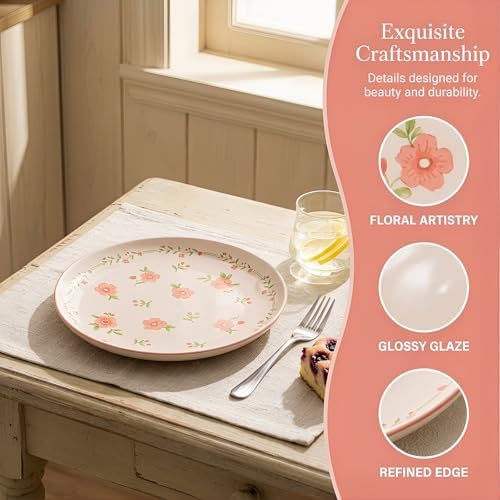 Romantic Pink Peach Blossom Ceramic Dinner Plates, Set of 6, 10.25-Inch Large Serving Plates for Kitchen, Microwave, Oven & Dishwasher Safe - Image 2