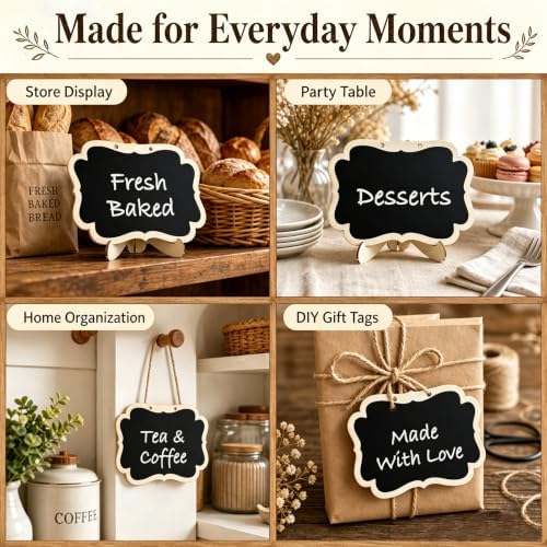 12 Pack Mini Chalkboard Signs with Stand, Wooden Hanging Blackboard Labels, Small Chalkboard Food Labels for Party Buffet, Wedding Table Numbers, Place Cards, Dessert Display, Message Board. - Image 3