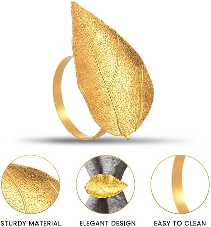 Decozen Set of 16 Gold Napkin Rings in Leaf Design, Festive, Table Decor Setting for Holiday, Wedding, Birthday, Kitchen, Home Decor, Housewarming Gift - Mothers Day Decorations