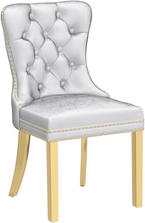 KCC Velvet Dining Chairs Set of 6, Upholstered High-end Tufted Dining Chair with Nailhead Back Ring Pull Trim Stainless Steel Legs, Contemporary Nikki Collection Modern Style for Kitchen, Light Gray