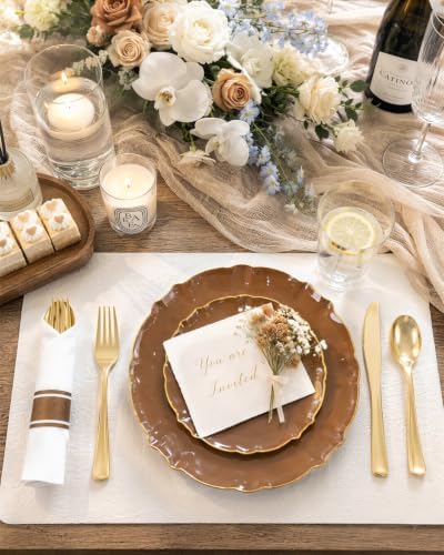 bUCLA 175PCS Brown Plastic Plates - 25 Guests Gold Rim Disposable for Party - Image 7
