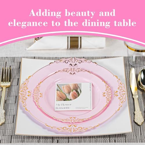 350pcs Gold Pink Retro Dinnerware Sets Disposable for 50 Guests - Image 3