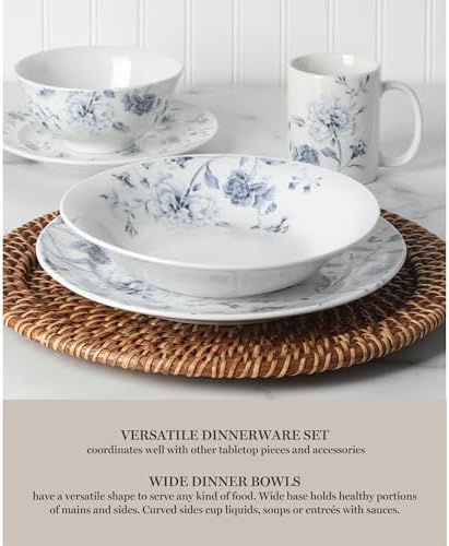 Martha Stewart Empress Bouquet 30 Piece Decorated Porcelain Chip and Scratch Resistant Dinnerware Plates and Bowls Set - Blue Floral - Image 7