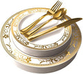125-Piece White and Gold Floral Fancy Plastic Plates Disposable with Silverware, Elegant Dinnerware for Weddings, Holiday Party China, Set of 25 Dinner + Salad Plates, 25 Spoons, 25 Forks, 25 Knives by StockYourHome