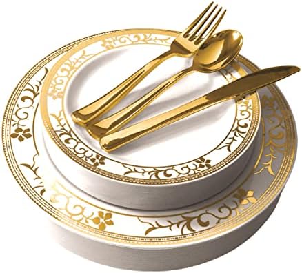 125-Piece White and Gold Floral Fancy Plastic Plates Disposable with Silverware, Elegant Dinnerware for Weddings, Holiday Party China, Set of 25 Dinner + Salad Plates, 25 Spoons, 25 Forks, 25 Knives by StockYourHome