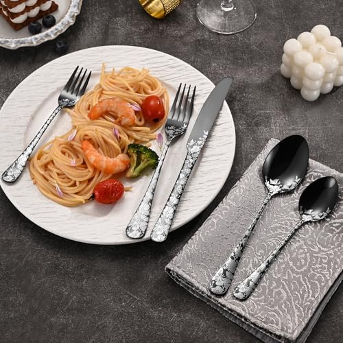 40 Piece Black Silverware Set, Stainless Steel Flatware Cutlery Set Service for 8, Mirror Polished Tableware Eating Utensils Set for Home Kitchen, Include Knife Fork Spoon Set, Dishwasher Safe - Image 7