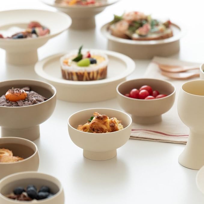 WENSHUO High-foot Deep Fruit Bowl, Ceramic Pedestal Decorative Bowl, Round Bowl for Salad, 5.5" Small Size, Matte Crème (Coconut Café, 5.5")