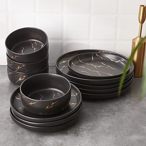 Pokini Black Gold Splash Dinnerware Sets, Porcelain Plates and Bowls Sets - Image 6