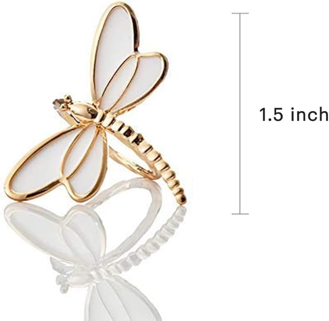 Decozen Set of 4 White Gold Napkin Rings in Dragonfly Design Festive Table Decor Setting for Holiday Wedding, Birthday, Kitchen, Home Decor Housewarming Gift - Mothers Day Decorations