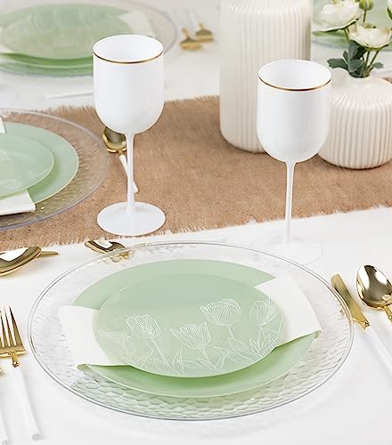 PLASTICPRO 32 Pack Elegant Disposable Plastic Plates Combo Set Includes 16 Dinner Plates and 16 Salad Plates Heavy Duty Fancy Party Plates Green and White Tulip Design - Image 4
