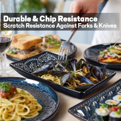 Artena Appetizer Plates Set of 4, 8.25" Embossed Ceramic Rectangular Dessert Plates, Deep Lipped Edges, Microwave & Dishwasher Safe, Salad Sushi Snack Serving Plates (Blue, Damask Floral) - Image 3