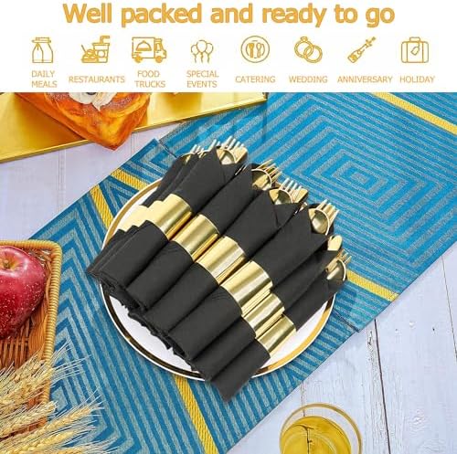 75 Pack Pre Rolled Gold Plastic Silverware Set with Napkin - Image 4