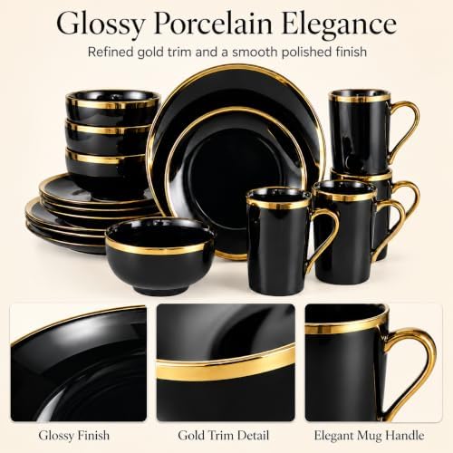 Black and Gold Dinnerware Set for 4, 16-Piece Porcelain - Image 4