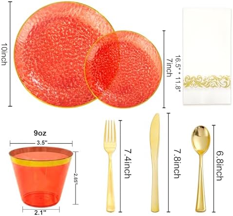 Rubtlamp 175 Pcs Plastic Dinnerware Set (25 Guests), Red And Gold Plastic Plates, Hammered Party Plates Set Include Dinner Plates, Dessert Plates, Cups, Cutlery Set And Napkins for Wedding And Party - Image 2