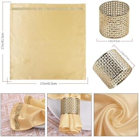 VIJIV 12 Pack Cloth Napkins and Gold Napkin Rings Set of 6, 17x17 Bling Trim Satin Cocktail Napkins Cloth Washable Personalized Dinner Napkins for Wedding Party Holiday Decorative - Image 4