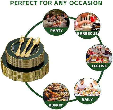 Liacere 175PCS Green Plastic Plates - Emerald Green Disposable With Gold Rim - 25Guest Baroque Plastic Dinnerware include 50Plates-25Pcs Pre Rolled Napkins with Silverware 25Cups for Party & Wedding - Image 6