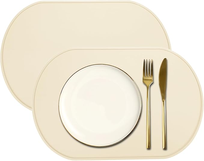 uxcell 2 Pcs Oval Silicone Placemat, 15.4" x 10.4" Non-Slip Washable Table Placemats Heat Resistant Waterproof Mat with High Edge for Table Kitchen Desk Protection, White