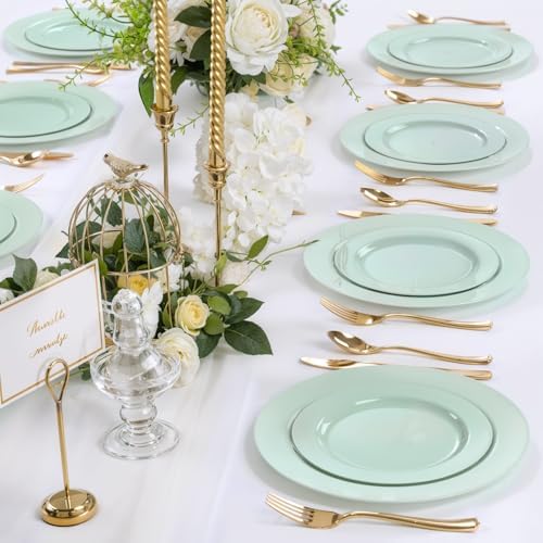 FLOWERCAT 200PCS Sage Green Plastic Plates Disposable Plates for Party - Elegant Plastic Plates - 10" &7" Plate for 100 Guests Parties & Wedding & Events - Image 6