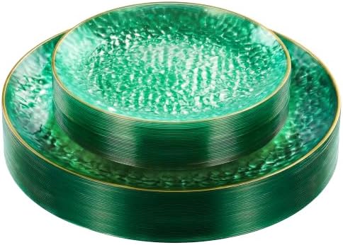 realluck 50Pcs Clear Green Plastic Plates with Gold Rim by Realluck
