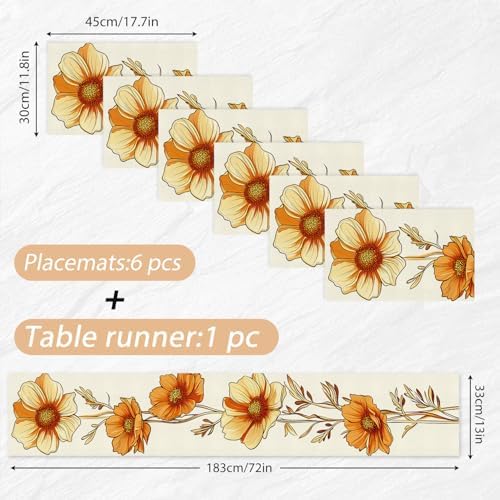 ANNA QUEEN Fall Floral Table Runner and Placemats Set of 6, 13"x72" Table Runner with 12"x18" Placemats, Autumn Flowers Dining Decor for Kitchen, Farmhouse, Thanksgiving Table Setting - Image 2