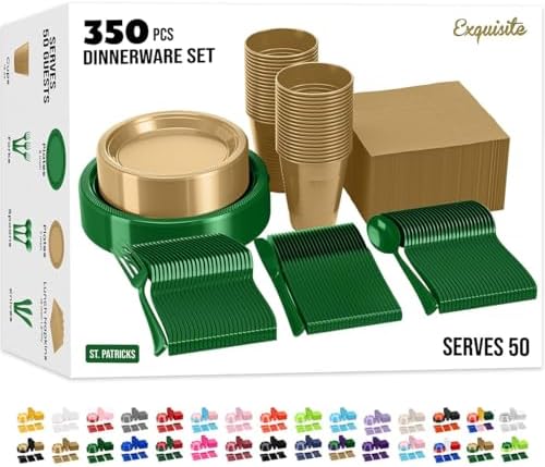 Exquisite 350 Pcs St. Patricks Plastic Plates For Party St. Patricks Disposable Plates Set, 50 Of Each 9" Dinner Plate Set, 7" Dessert Plate, Cups, Napkins & Cutlery Plastic Dinnerware by Exquisite