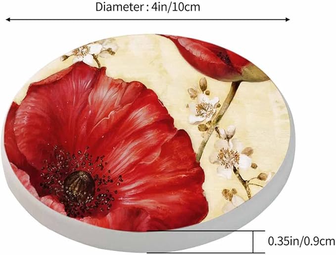 Red Poppy Drink Coaster for Tabletop Protection Beautiful Watercolor Floral Blossom Vintage Style Non-Slip Cups Place Mats Home Decor Diatomite Material for Men Women